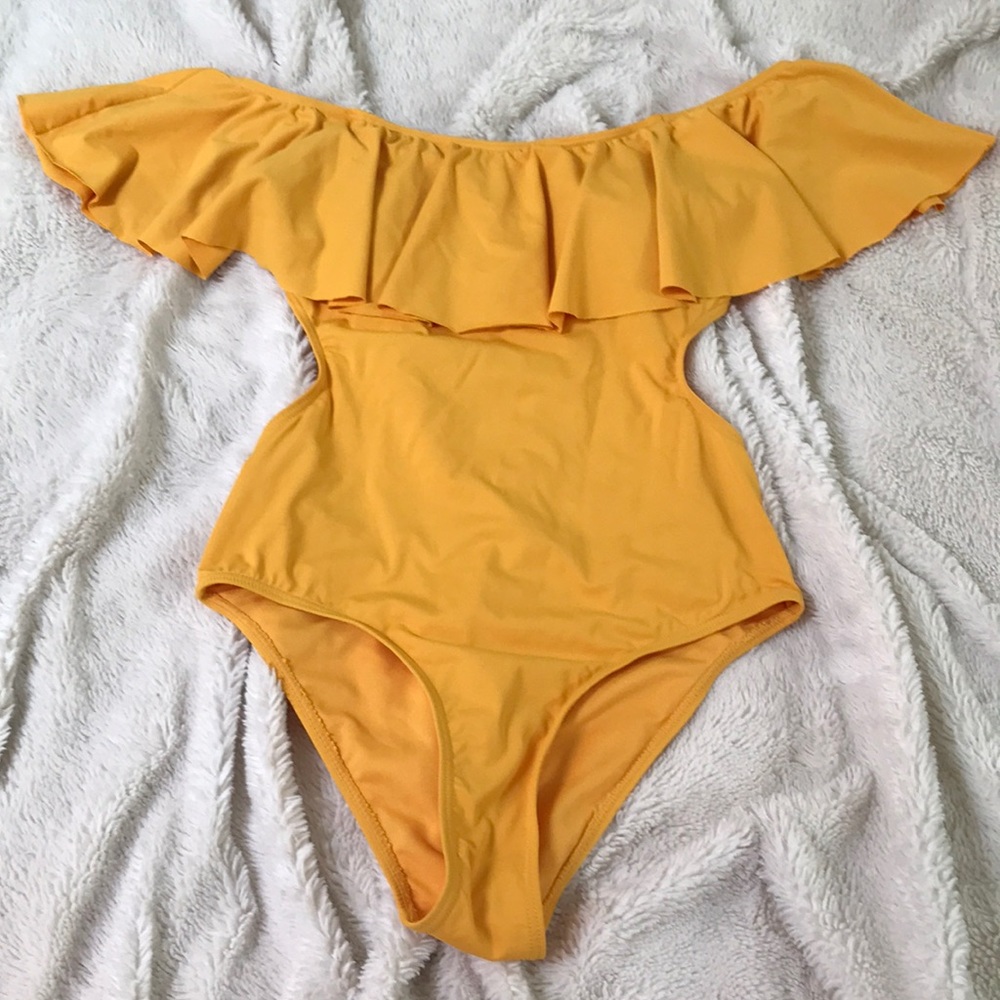 Marigold off the shoulder one-piece bathing suit